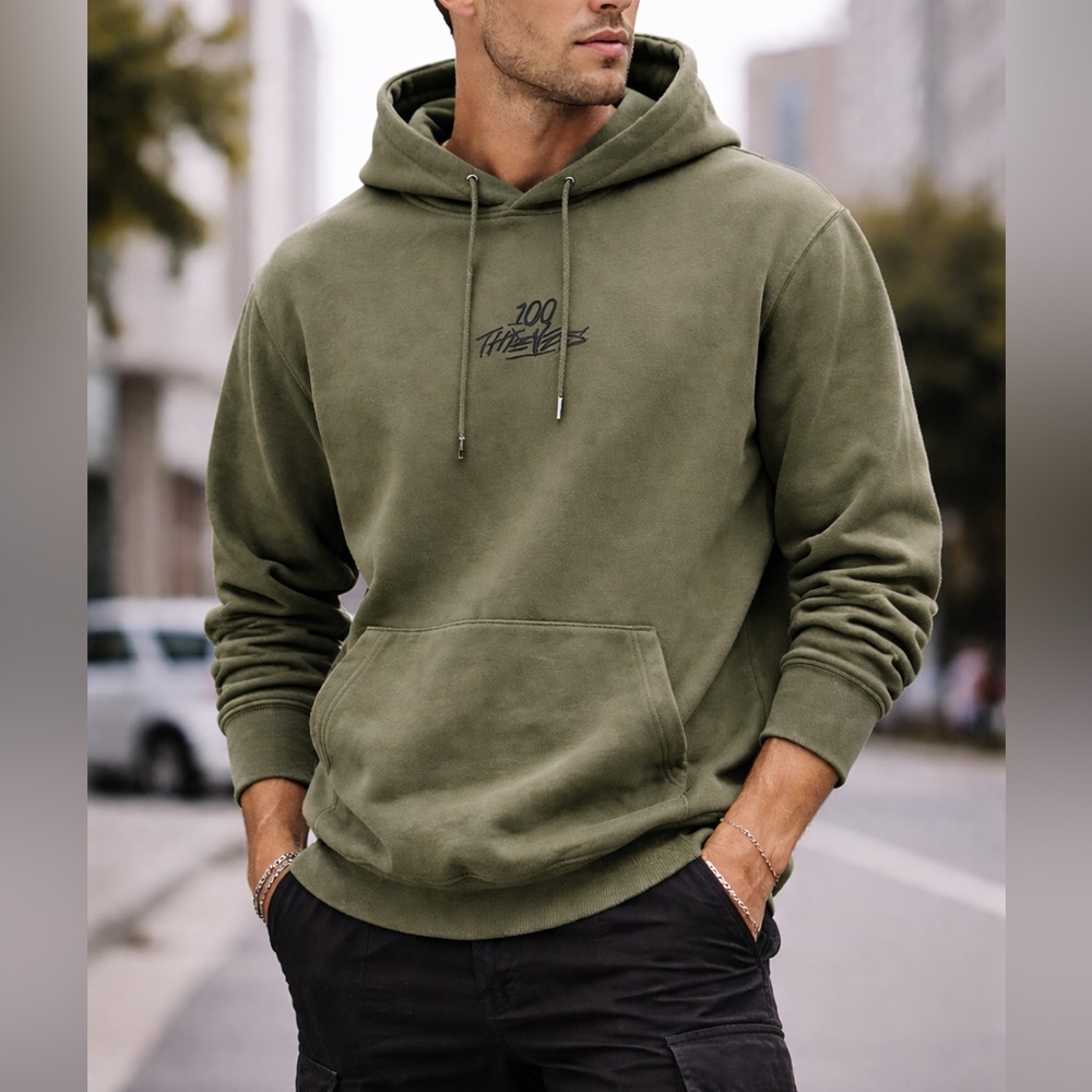 100 Thieves Olive Green Hoodie Mens Large Streetwear Embroidered Logo